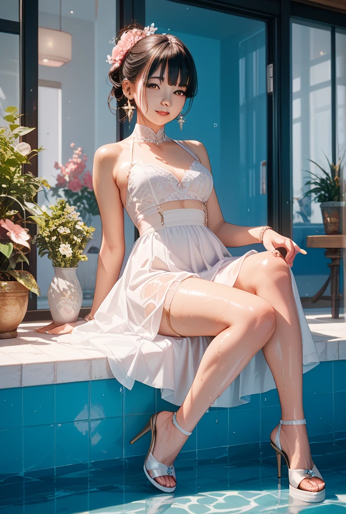 White silk hot spring cat ear girl bare breasts long legs，Pink miniskirt