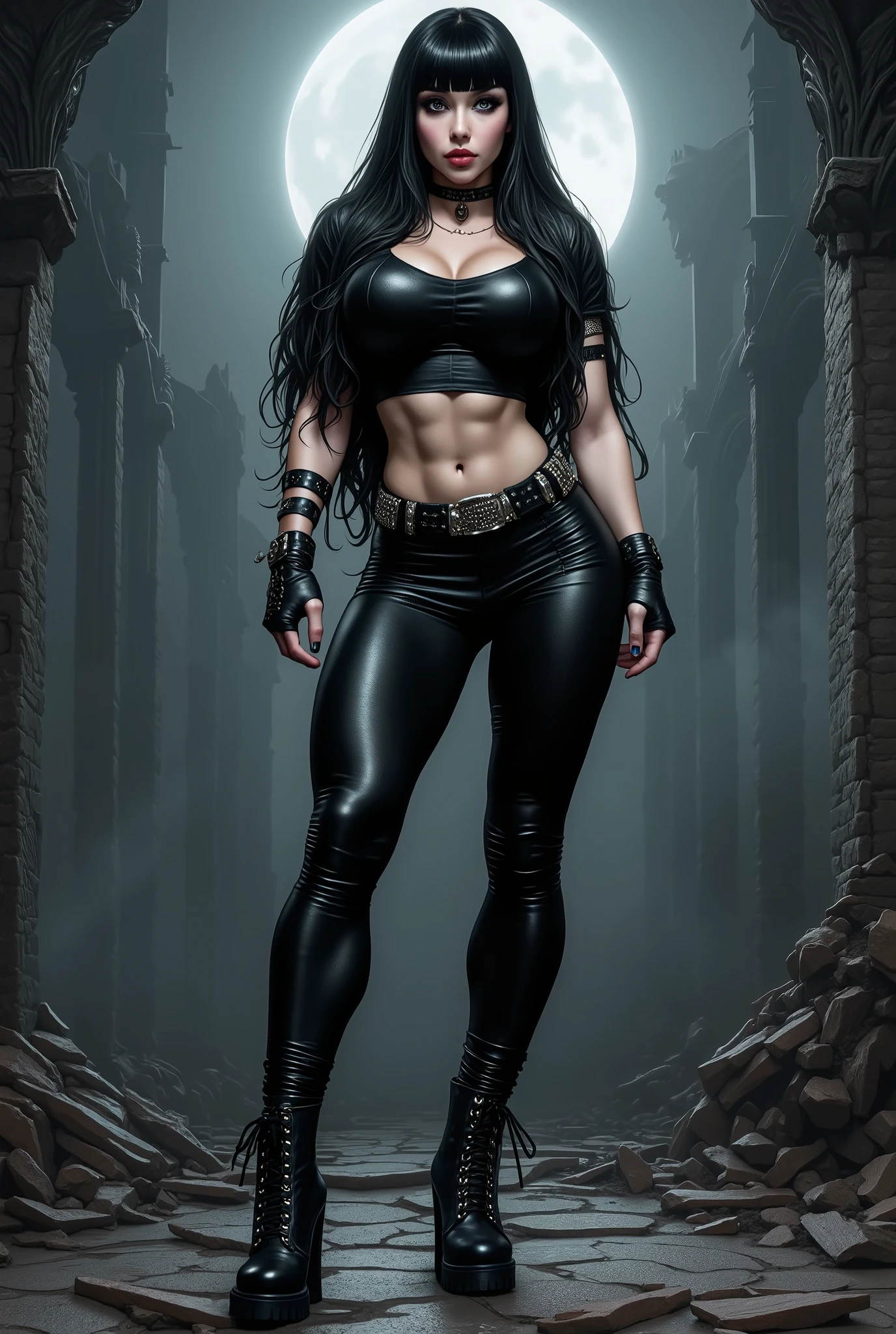 gothic rock woman Long black hair with bangs , thin waist , thick thighs , big breasts , six pack abs , toned legs , biceped , leather t-shirt , Black leather pants , high-heeled lace-up high heels black leather boots , Goth makeup , black eyeliner , woman , attractive body , hot body , thick thighs , very thin waist , six pack abs , thick lips gothic ancient Gothic Cathedral in front of the ruined altar of in front of the ruined altar of an ancient gothic cathedral at night in the moonlight in dense fog