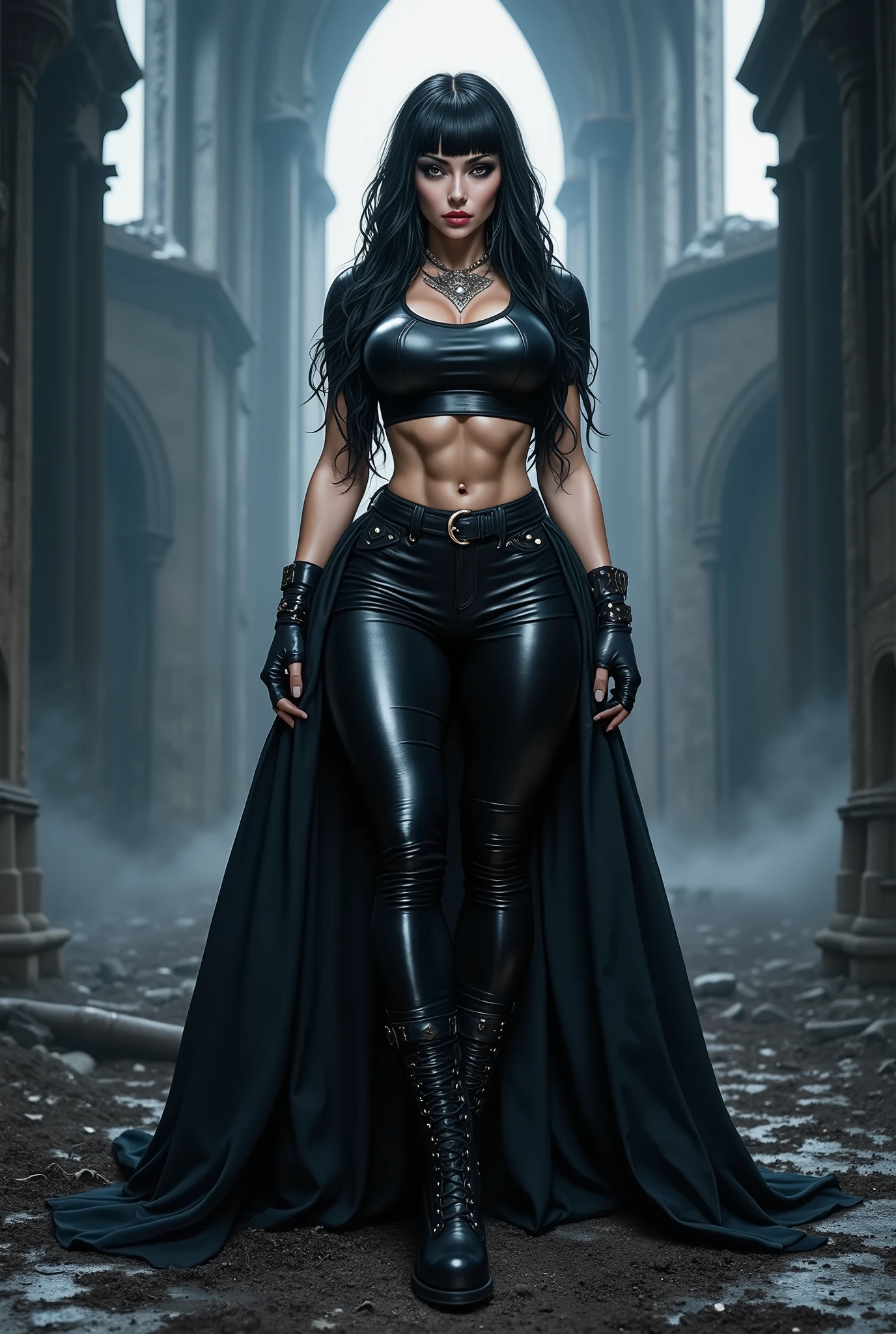 gothic rock woman Long black hair with bangs , thin waist , thick thighs , big breasts , six pack abs , toned legs , biceped , leather t-shirt , Black leather pants , high-heeled lace-up high heels black leather boots , Goth makeup , black eyeliner , woman , attractive body , hot body , thick thighs , very thin waist , six pack abs , thick lips gothic ancient Gothic Cathedral in front of the ruined altar of in front of the ruined altar of an ancient gothic cathedral at night in the moonlight in dense fog