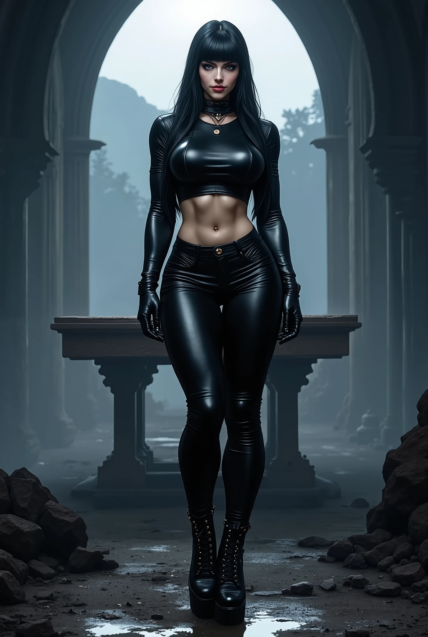 gothic rock woman Long black hair with bangs , thin waist , thick thighs , big breasts , six pack abs , toned legs , biceped , leather t-shirt , Black leather pants , high-heeled lace-up high heels black leather boots , Goth makeup , black eyeliner , woman , attractive body , hot body , thick thighs , very thin waist , six pack abs , thick lips gothic ancient Gothic Cathedral in front of the ruined altar of in front of the ruined altar of an ancient gothic cathedral at night in the moonlight in dense fog