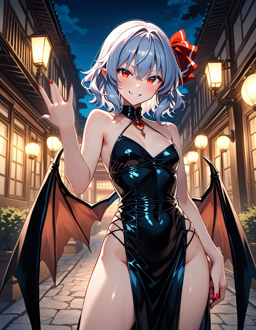 masterpiece, Highest quality, High Resolution, HS1,blush、smile,NSFW、Balcony、Big Breasts、Gray Hair、Red eyeoonlit Night、Bat Wings、Braid、Red dress、hair ornaments