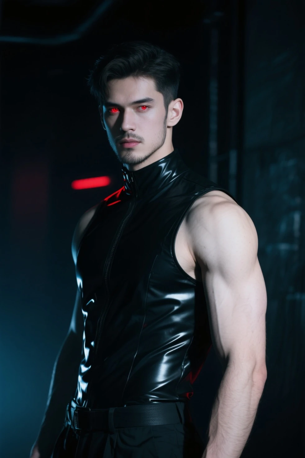 Young man, 25 years old, prince of darkness, half black hair half white hair, two block haircut , shirtless, wearing a black , reality photo, reality skin, detailed skin, glowing light grey eyes, cunning smirk, Biomechanical, eerie, Creepy, nightmarish, Very bright colors, Light particles, with light glowing, Mshiff, wallpaper art, UHD wallpaper
