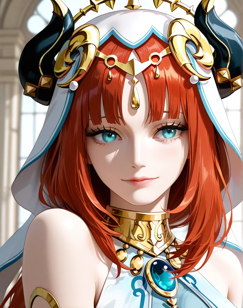 Woman with straight wine red hair, crespo, with yellow eyes., Red lips, arrogant smile, Strong body, with sexy two-piece Egyptian clothing, He wears a hood that covers his hair.