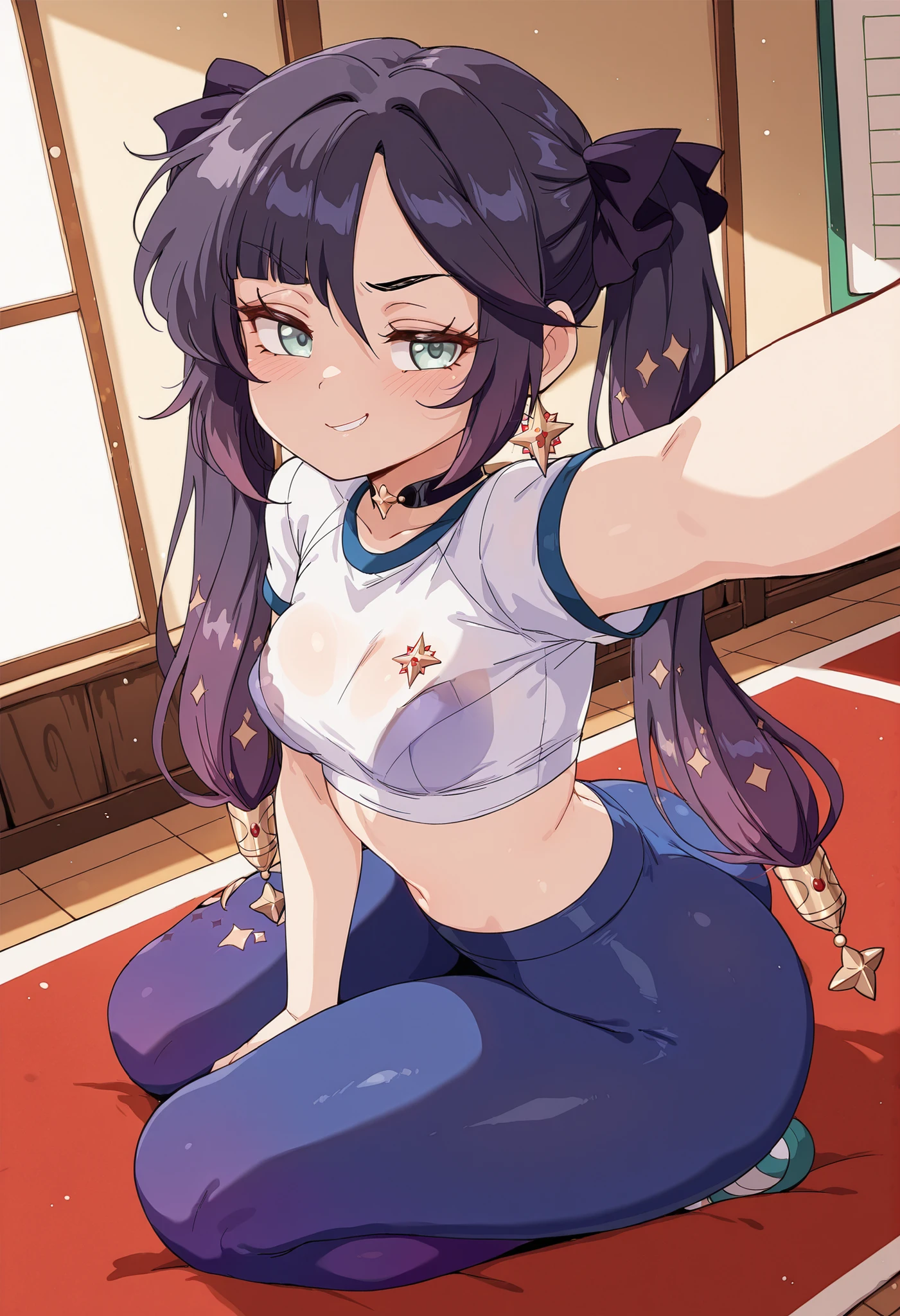 Bl3th3bn3_Styl3_SKNSFW, score_9, score_8_up, score_7_up, score_6_up, Bl3th3bn3_Styl3_SKNSFW, masterpiece, best quality, 1girl, small breasts, side view, mona (genshin_impact), tigh black leggins, white crop top, gym clothes, smug, smirk, pose, selfie, looking to you, en el gimnasio, full body