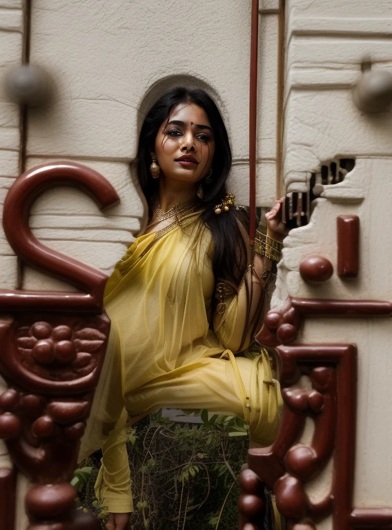 change background cyberpunk indian beautiful girl, wearing yellow saree, black blaus, curle hair, Front of Door, Ultra realistic , 8k