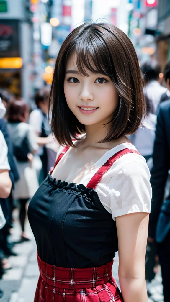 (8K、Photographie brute、qualité supérieure、chef d&#39;oeuvre:1.2)、(réaliste、Photoréaliste:1.37)、ultra-détaillé、Très haute résolution、1 fille、voir le spectateur、beau visage détaillé、Un sourire avec un peu de dents visibles、constriction、(taille fine) :1.3)、((Porterr un haut court ))、vêtements pastels、Belle peau détaillée、Texture de la peau、Cheveux flottants、((long))、gros seins avec une bonne forme、éclairage professionnel、Devant la gare à midi、Corps humain entier、cheveux noirs、((Avoir un petit sac à dos))、