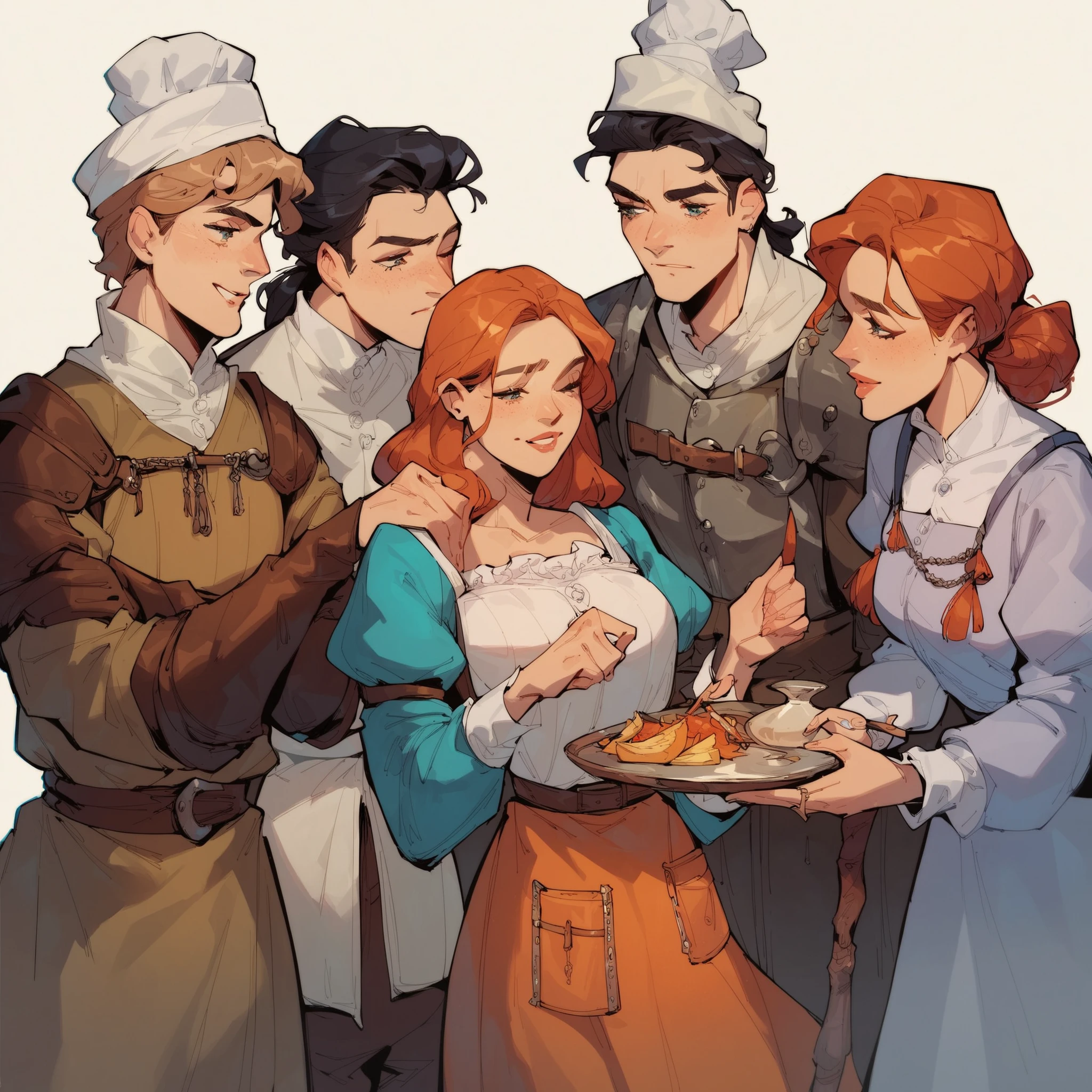 source_anime, score_9, score_8_up, score_7_up, score_6_up,art style, a group of servant, boy, girl, medieval western fantasy, doctor, washerwoman, servant, chef