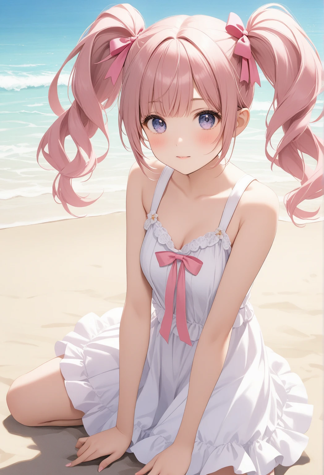 (Highest quality、Highest quality、Masterpiece、Very delicate、Very detailed、Exquisite、16K、Full HD)、1 female、(water着のようなwater色のフレアミニスカートドレス、flower飾り、Skirt in the wind、ribbon、White frills)、Perfect body line、Glowing Skin、(Groomed eyebrows、Pink Lips、Brown eyes)、(Blue Hair、ponytail、Shiny Hair)、Dynamic Pose、Dramatic lighting、(Sandy Beach、Light、water、flower、Ocean)