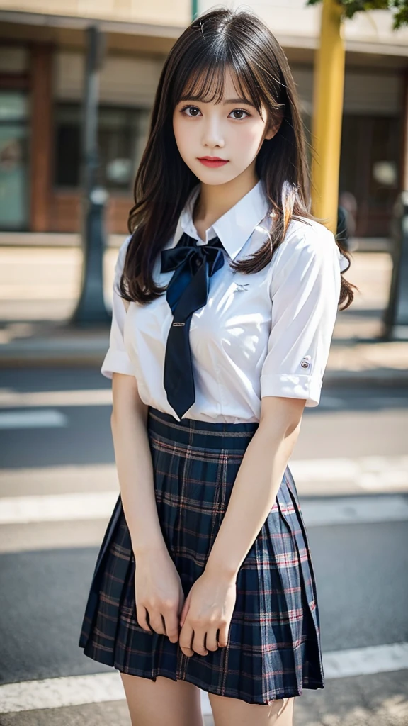 extremely detailed CG unity 8k wallpaper, best quality, ultra-detailed, masterpiece, realistic, photo realistic, extremely detailed cute girl, 20years old, (skirt lift), ((skirt lift by myself)), white translucent panties , panties focus, blush, parted lips, looking at viewer , half body shot , wearing student uniform , (crowd), (crowded park) , short hair