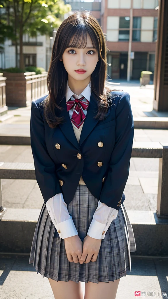 Top quality, high image, 1 woman, 18 years old, school stairs, black jacket, Medium breasts,white blouse,(plaid miniskirt), cotton panties,upskirt from below