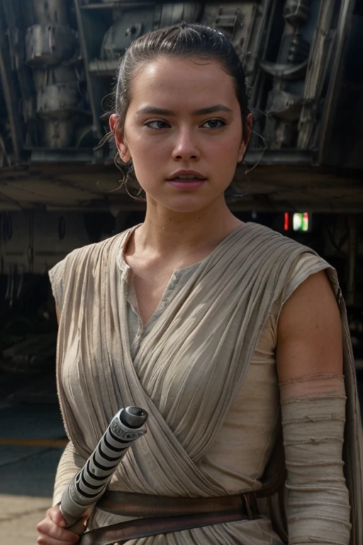 woman,(daisyrdl,jedi robe),ponytail,serious,legs,standing,star wars background,(dynamic pose:1.3),masterpiece,bokeh,dof,highly detailed,add_detail,soft lighting,volumetric lighting,film grain,cinematic