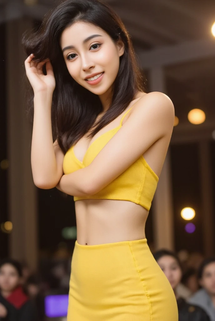 8k, masterpiece, RAW Photos, Highest quality, Realistic, Highly detailed CG Unity 8k wallpaper, Written boundary depth, Cinematic Light, Lens flare, Ray Tracing, (Very beautiful face, Beautiful Lips, Beautiful Eyes), Exquisitely detailed face, ((Highly detailed skin)) One Girl, In the Dark, Deep Shadow, Cute Korean Girl, K-POPアイドル, 1 Girl, (Very slim and slender muscular body:1.3), ((Viewer Display)),(Big smile:1.3), (Fashion Night, Dark Night, (Neon Signs), (Blurred Background), Fashion Street Night),(There is no one in the background:1.3), Beautiful earrings, Bangles, necklace, , Clear Eyes, walking, (Pale skin), (Big eyes), I'looking forward to it, (Brown Hair), (Full Body Shot), ((Silk short dress:1.3)), ((Wear tight)), ((Lace dress)), (Viewer Display:1.3) Open chest, Very slim, Medium Chest, Turn back, (shrapnel), Ass Focus, In front of eyebrows,(Tight dress),,A smile showing white teeth,