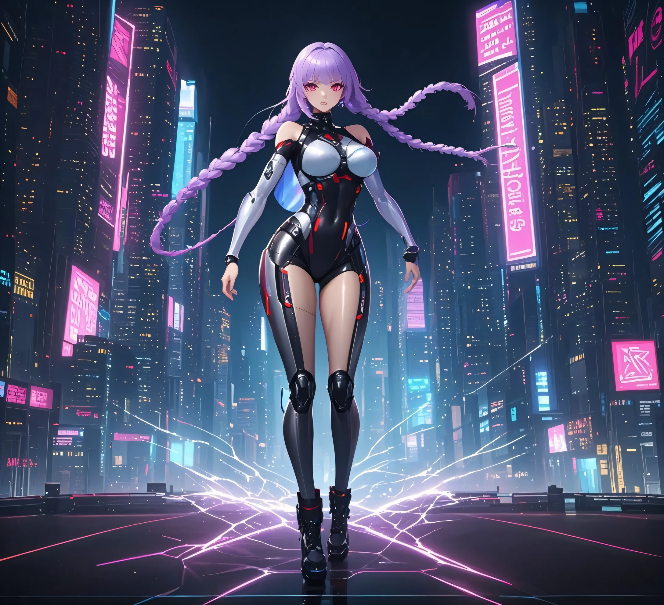 Top quality, Masterpiece, Ultra-detailed, Accurate depiction, Highly detailed 8k wallpaper, beautiful mechanical girl, Solo, (long braid with purple hair), (exoskeleton leotard and short_Shorts: 1.1), mechanical garter belt, (Mechanical joint, mechanical rim), Five fingers, mechanical cyber goggles, (exposed bare shoulders, Bare with thighs: 1.2), Dynamic Angle, (Slow motion:1.2), (Motion blur:1.5), (Thin waist, Small breasts), Cyberpunk city,