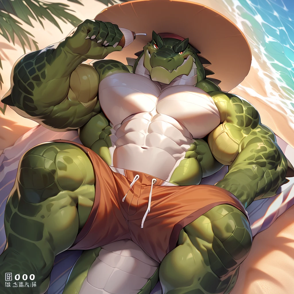A muscular, sexy male green dragon sits relaxed on the sandy beach, his scaled torso glistening in the sun. He is bare-chested, wearing only a fitting Speedo that accentuates his impressive form and showcases a noticeable bulge. With a thoughtful expression, he ponders the scene before him, the gentle waves crashing against the shore in the background. The image, captured by chunie, is of high quality and NSFW, with intricate details bringing out the texture of the dragon's scales and the natural setting. The sun casts dramatic lighting over the scene, creating a seductive and alluring atmosphere.