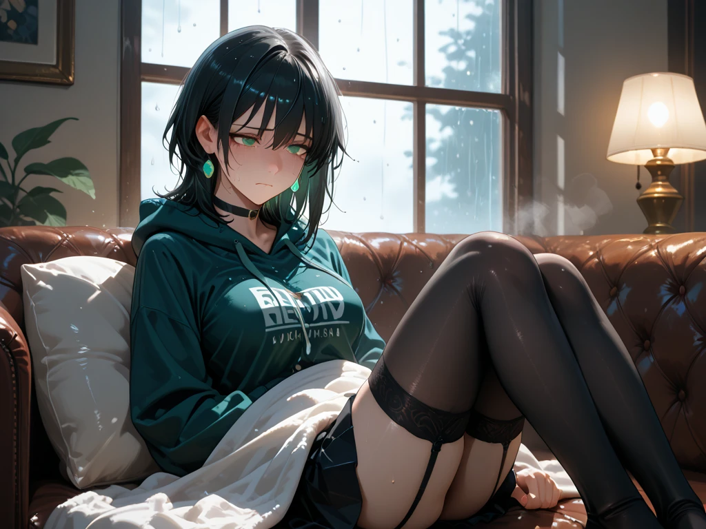 1boy, toned, sharp big wolf ears, wolf tail, big black messy hair, wide extremely vibrant red eyes, HD, masterpiece, vibrant, black converse shoes, slim dark crop top hoodie, full body view, black thigh socks, sitting on couch