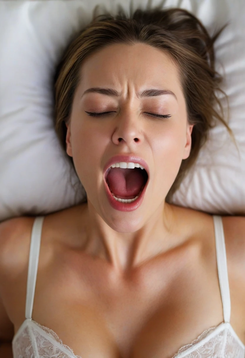 ((best quality)), ((masterpiece)), (detailed), perfect face, 20-year-old girl in pajamas and a black top covered with a sheet on the bed and with her mouth open, she has her tongue out, cleavages, she is very sleepy, ela boceja muito ao mesmo tempo, boca totalmente aberta, ela tem a boca muito aberta, your mouth is exaggeratedly open and showing your tongue, has his eyes closed, facial expression of sleeping and just waking up, she's stretching out (one of the arms up and the other arm is in front of the mouth) ((more detail))