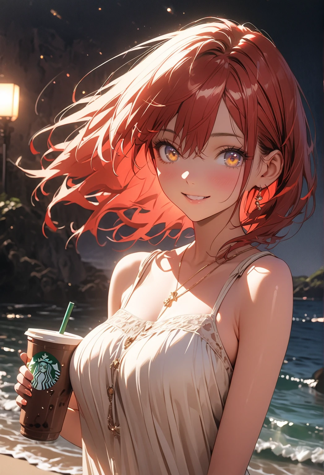 the beach,one-girl,opened his mouth and stuck out his tongue, blushing red cheeks, flower shaped pupils, red eye, naked, exposing his body, A cup,firm breasts, sunny day, quiet place