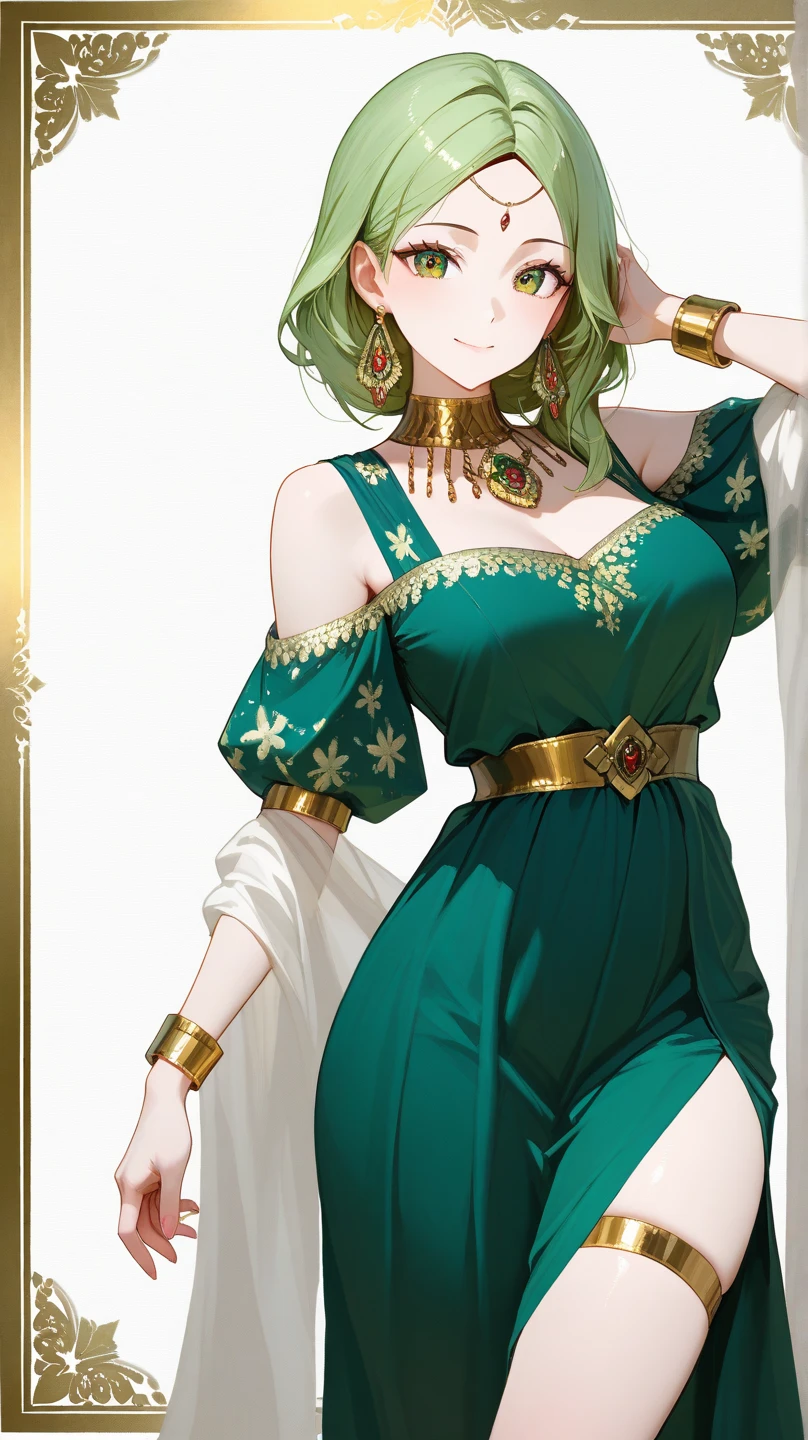 Anime, High-resolution illustrations, unrivaled masterpiece, ultra-realistic 8k CG, perfect artwork, (fidelity: 1.5), ((night)), cloudy, Very beautiful woman, (((solo))), single traditional bun, silky green hair, sparkling emerald eyes, (slit pupils:1.3), huge, (well-proportioned curves), natural makeup, Medium breasts:1.2, (Compressed chest:1.3), (( flowing, cyan dress that is loosely draped over her body. The dress is secured with golden accessories, including a decorative belt or chain around her waist and a strap across her shoulder)), necklace, character in the middle, standing, ancient place with greenary, prideful