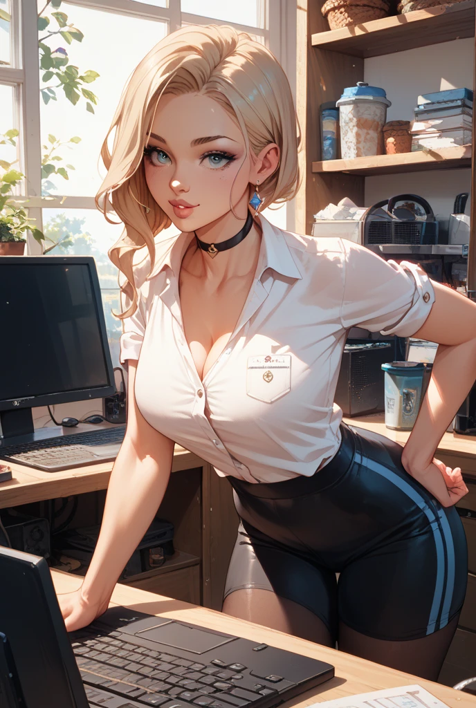 Bianca \(dragon quest\), bianca, dragon quest, (masterpiece, best quality, 4k, photorealistic, cinematic, ultra-detailed), wide shot, full body, perfect anatomy, curvaceous body, perfect eyes, perfect hands, large chest, long round legs, 1 girl, blonde hair, sitting in an office chair, ivory silk camisole top, olive green cropped trousers, tan strappy heels, effortless half-up half-down hairstyle, delicate layered necklace