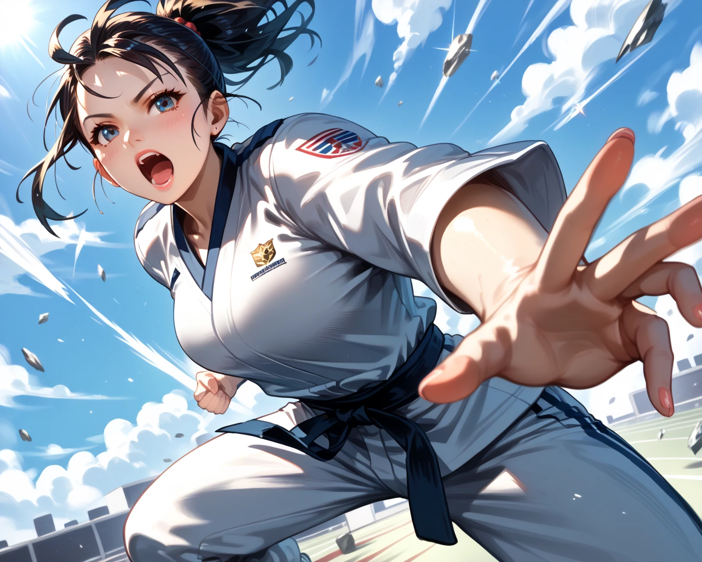 high quality,HD,16k,sharp lines,1 girl,Female karate athlete ,white kimono,cute face, medium breasts, nice legs,At the karate venue,focus girl,detailed beautiful face,detailed clothes,beautiful eyes,cool,dynamic angle