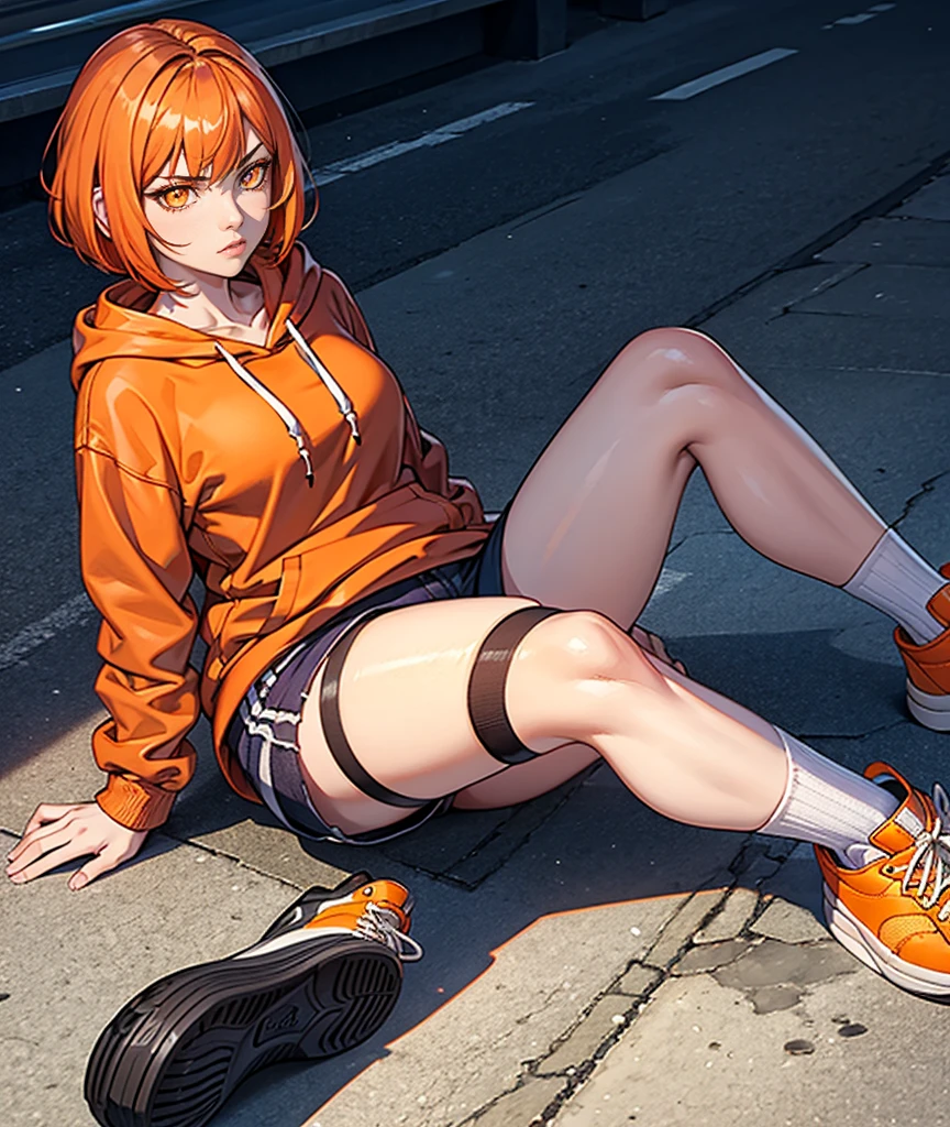 masterpiece, best quality, 1boy, solo, mature male, straight hair, orange hair, green eyes, black hoodie, black pants, outdoors, hands in pockets