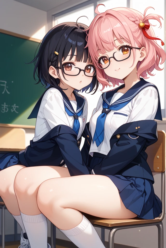 ultra-detailliert, Best Quality, High resolution, ((Two cute girls)), catch light eyes、Looking at Viewer, pale skin, Petite,(Naked sailor suit)、(Bottomless)、 (A dark-haired)、(flat chest), (Glasses), (blush:1.2), Blue eyes, An embarrassed smile, NSFW, knees up、Classroom、Spread your legs apart、Focus on the face、Lift the skirt, cheek-to-cheek、
