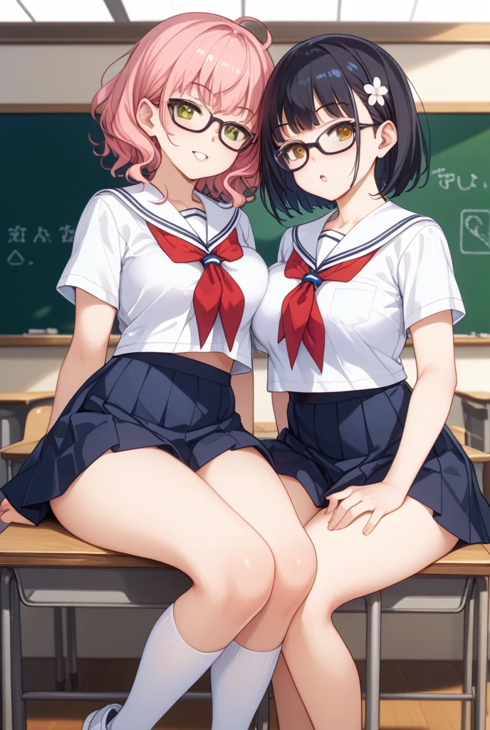 A group of 13-year-old schoolgirls(Black Hair、Flat Chest)、38-year-old female teacher(Red hair、Glasses)In a suit、Group photo、Highest quality、Lined up in the classroom、Nipples、pubic hair、Taking off panties、peace sign