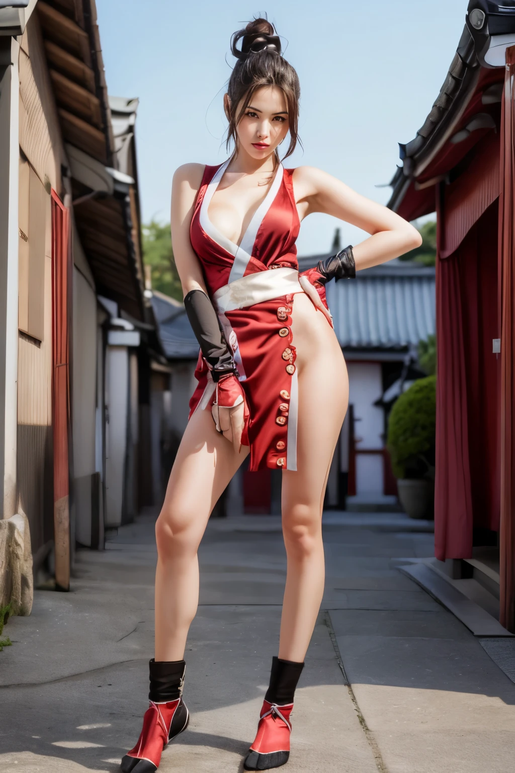 (mai shiranui:1.6), (tabi:2.0), (toe:1.2), (Full body portrait:2.0), Full body, (Realism), (masutepiece:2.0), (Best Quality), (ultra-detailliert), (8K, 4K, Convoluted), (Flat Lighting:1.2), (skinny), Prestige, Brown eyes, Long hair, Brown hair, White ribbon, Sleeveless, poneyTail, sash, pelvis curtain, arm guards, mitts, fascinated expression, Sexy eyes, medium breasts, Smile, Cute, view the viewer, Long hair, Close to Japan temple, (breasts focus:1.2), (Realistic:1.2), (Full Shot: 1.2), (85 mm), light Particle, Lighting, (Highly detailed:1.2), (Detailed face:1.2), (gradients), SFV, Colorful, (Detailed eyes:1.2), (Detailed temples of Japan: 1.2),(Detailed background), (Dynamic Angle:1.2), (Dynamic Pose:1.2), (Line of action:1.2), Wide Shot, Daylight, Solo.