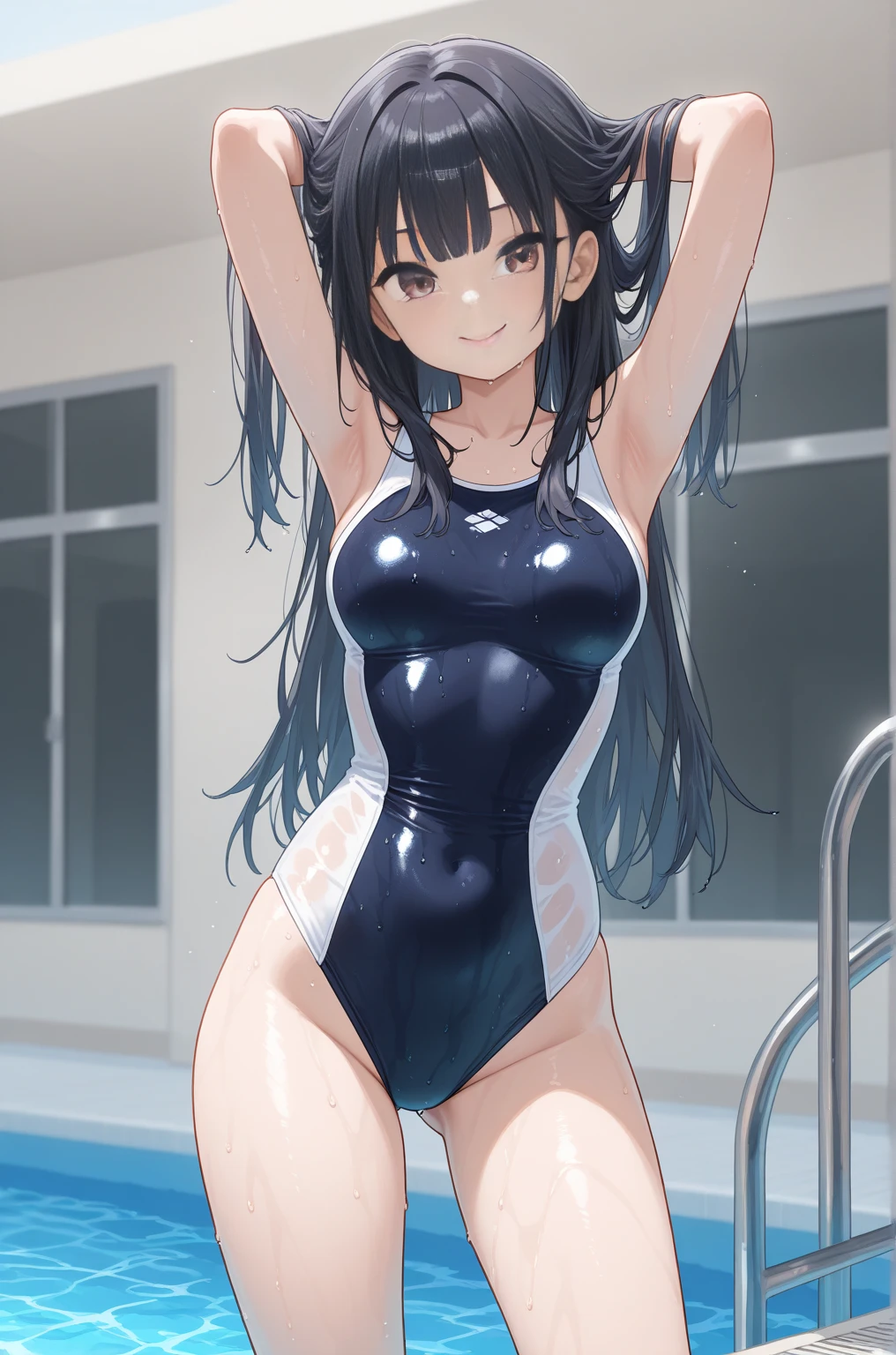(Superflat, Flat Shading, flat-colors:1.1)、(one asian boyish girl)、(cute little:1.2)、very beautiful 14 year old cartoon girl、Great smile、cheeks are reddened、(High Detail Skin: 1.2)、photorealistic anime girl render、realistic anime 3 d style、cute littleボブカット、Beautiful brown hair、Intense black eyes、Strong highlights of the eyes、(A detailed、medium chest)、Perfect Anatomy、hair messy、old style sportswear、((Leotard transparent with sweat))、((Wet with water))、From below、((from the front side))、Showing off a white leotard、Rhythmic gymnastics uniforms、Sportswear with a small area、Angle from your feet、Angle from below、((Angle looking up from below、Crotch show off))、studio with mirror、Volumetric lighting、Soft light、Bright、neons、Vibrant colors、watercolor paiting、