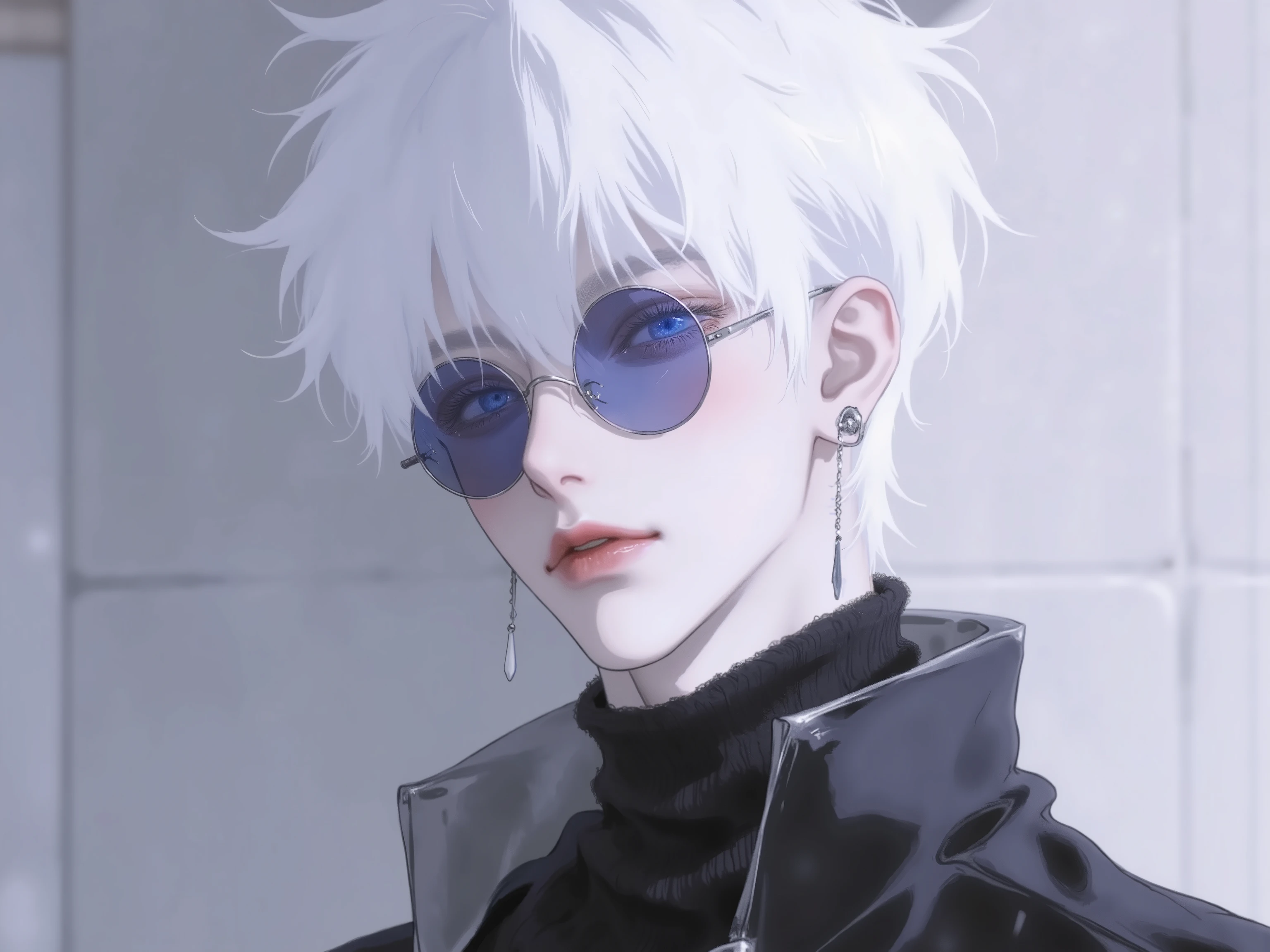 ((score _9,score_8_up,score_7_up)), GOJO SATURO, Portrait of Gojo Satoru from "Jujutsu Kaisen", upper body only, facing forward with a calm and confident expression. White hair, blue sunglasses, wearing a high-collared black uniform. anime style, detailed lighting, soft shadows, Upper body output, side view