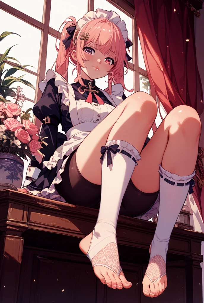 masterpiece,best quality,ultra detailed,1girl,closed mouth,solo,(beautiful and detailed face,shy,blush),(sitting:1.3),small breasts, see-through,open clothes,
HAIR ORNAMENT,maid,pink hair,(underwear:0.8),from below,(knee,feet),
((full body)),white thighhighs,(hairdressing),
<lora:Natsuki:0.7>,