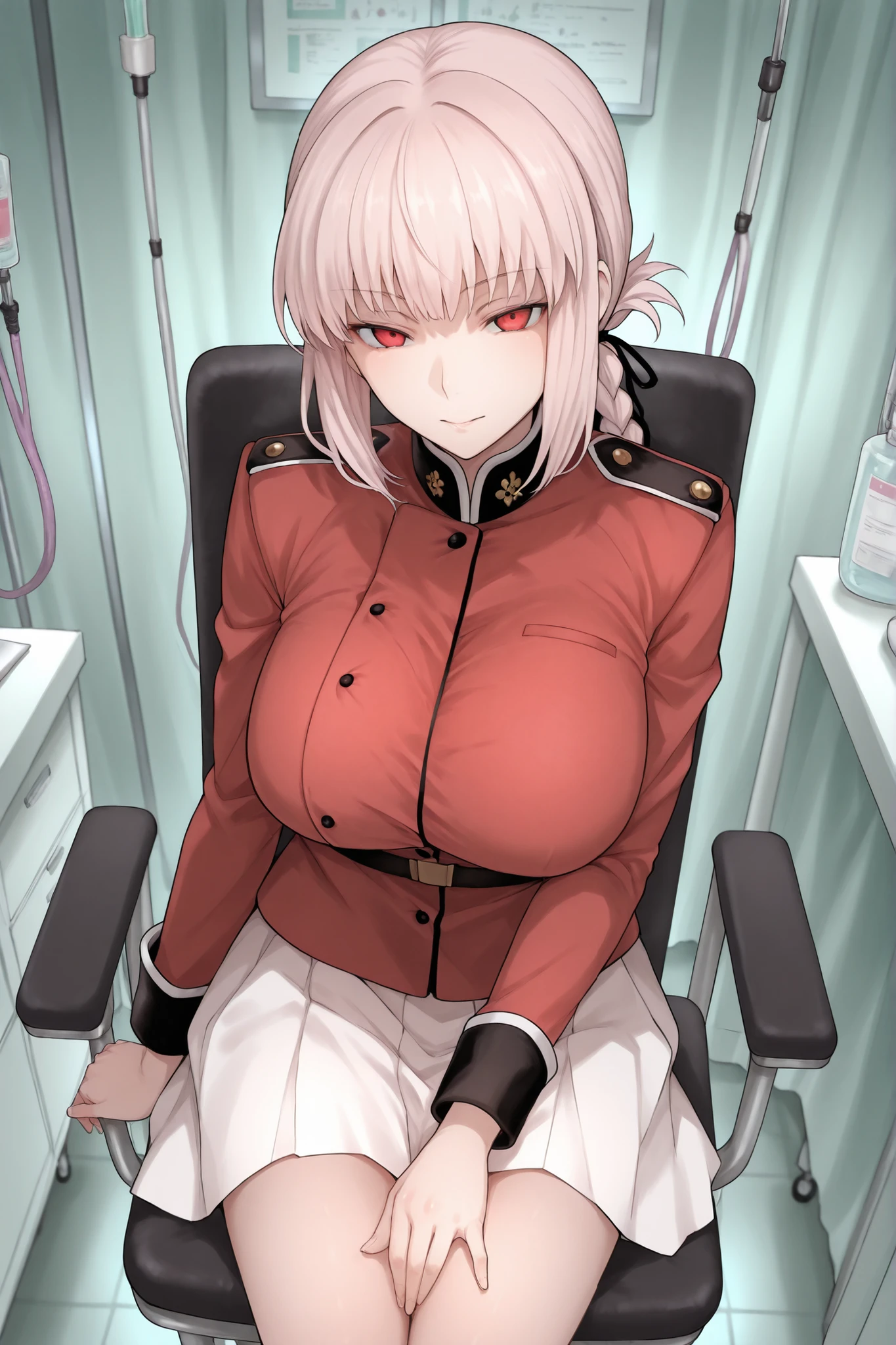Nightingale (Fate/Grand Order),solo,1girl,sit on chair,red outfit, white skirt, high viewer,Disease examination room, look at viewer,