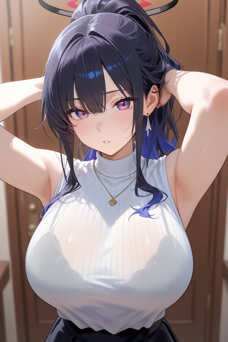  (((())),((((Show your armpits)))),((smile)),Minamimatsuura, kanan matsuura, Blue Hair, Long Hair, ponytail, (Purple eyes:1.1),, (Large Breasts:1.2), uranohoshi ,White sweater, break looking at viewer, break indoors, Ocean, break (masterpiece:1.2), highest quality, High resolution, unity 8k wallpaper, (figure:0.8), (Beautiful fine details:1.6), Highly detailed face, Perfect lighting, Highly detailed CG, (Perfect hands, Perfect Anatomy),