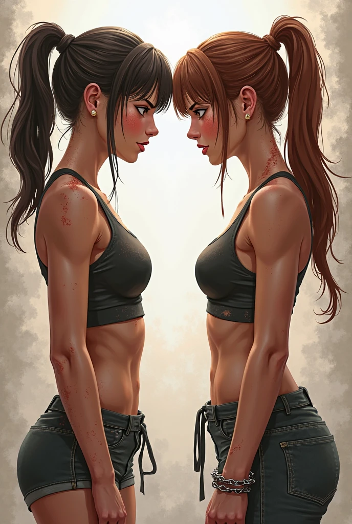 Side profile, masterpiece, best quality, Lara Croft and Tifa Lockhart, crop tops, low waist jeans, full body, both are face to face and are underwater and looking at each other with seductive expressions, ultra realistic digital art. Both girls are kissing each other and both girls have lean bodies with perfect curves.
