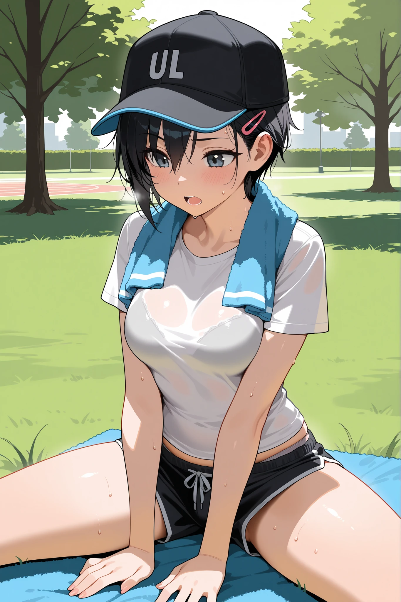 (Masterpiece), ((Best Quality)), (Super Detail), 1 Girl, Dark Blue Hair, Dark Blue Eyes, Short Hair, Blue Sports Top, White Sports Shorts, Park, Navel, Wet: 1.1, (Running: 1.3), Dynamism, (Jogging), Blushing, Medium Breast, Clavicle, Smile, Perfect Hand, Hand Details, Corrected Fingers. Earrings, looking_at_viewer, cowboy shots, rich detail, perfect image quality