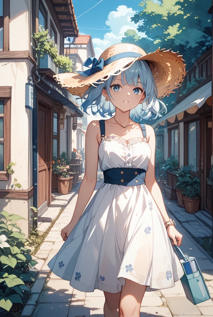 (Best quality,4K,8K,High resolution,Masterpiece:1.2),Super detailed,(Actual, Realistic),
break,
((Beautiful clear blue eyes:1.2)),very kind eyes,eyes wide open,beautiful eyelashes,beautiful lower eyelashes,
break,
((Beautiful and shiny silver hair:1.3)),A bursting smile,
break,
((green dress:1.3)),stylish summer sun hat,((bolero for women:1.3)),
break,
very happily,((bust shot)),zoom in,((main street of england:1.3))
