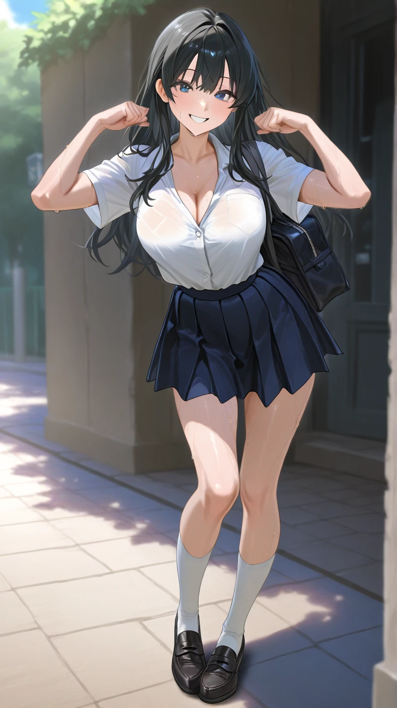 Lydia, a 6 foot tall female student with long black hair and a  with a very short skirt, pushes Tom, a nerd, to the ground in the school yard. with a malicious smile, stands over him while he is on the ground, looking at her panties