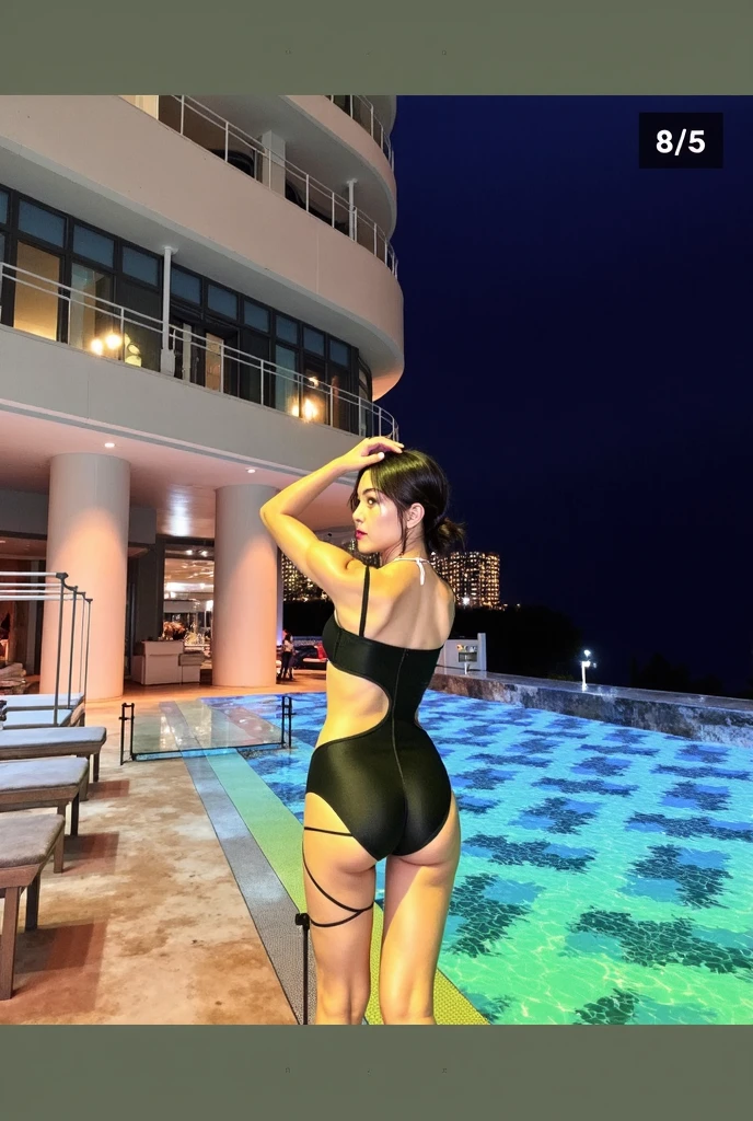 a beautiful young Asian woman with short black bob hair, with thick legs, 19 year old girl, posing confidently. wearing a black sporty bodysuit, tight, tight sporty bodysuit. standing, facing the front. at the edge of a modern pool, no plants, no trees.