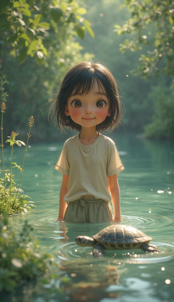 There is a little girl standing in front of the aquarium glass with big sea star turtle shark in the background, 2 year old girl in Asia, aquarium, (wearing a short sleeve with watermelon printed on the chest), smiling, hand to V