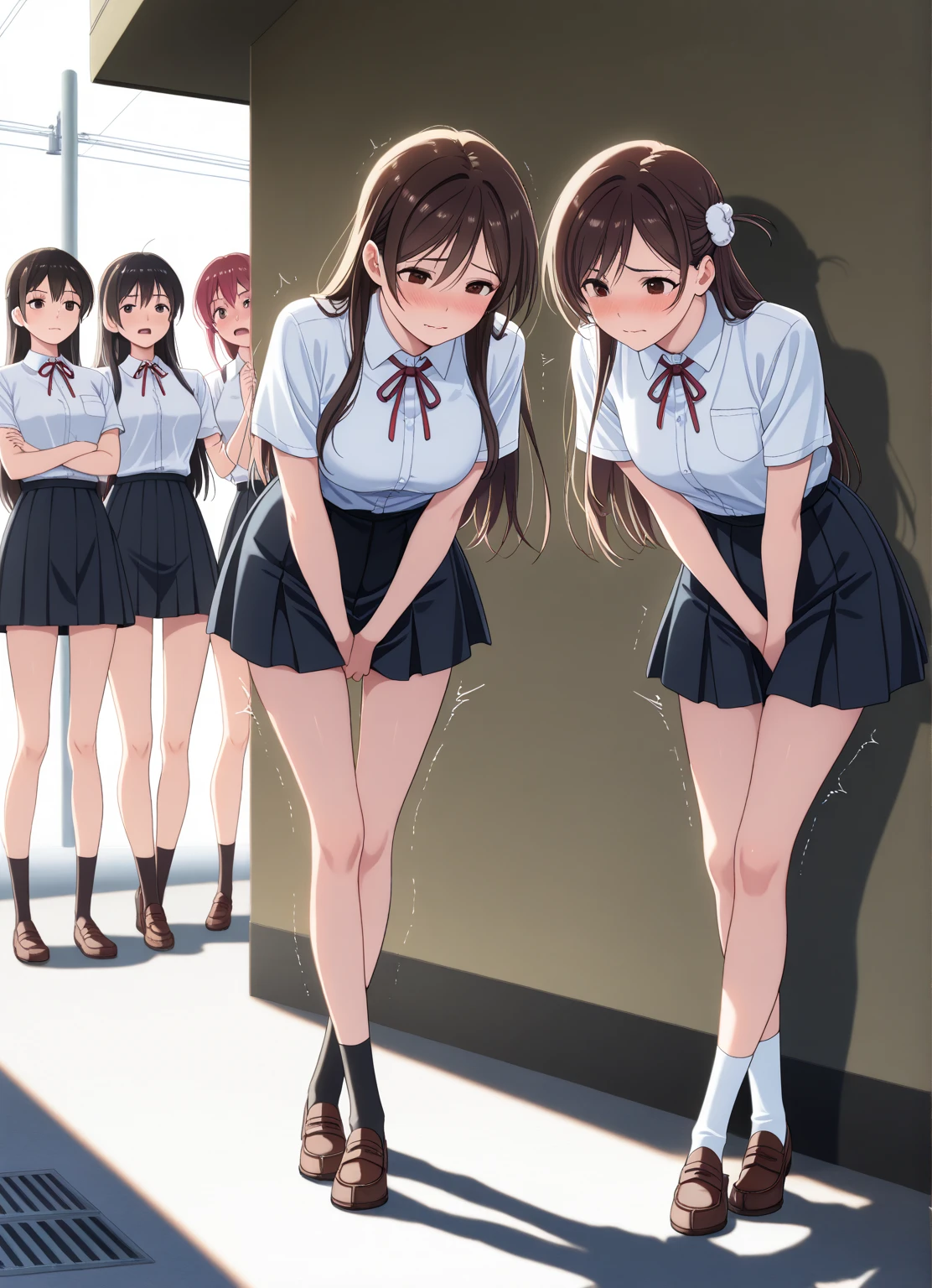 ((best quality, masterpiece:1.3, 8K)), (detailed), highly detailed face and skin texture, detailed eyes, full body, (slender body:1.1), (a group of 3 girls:1.5), 25 years old, white skin, bright lips, worried, embarrassed, panicking, long hair, (forehead:1.0), large breast, (jeans pants:1.2, blue jeans:1.2), (wetting themself:2.0), desperation:1.2,