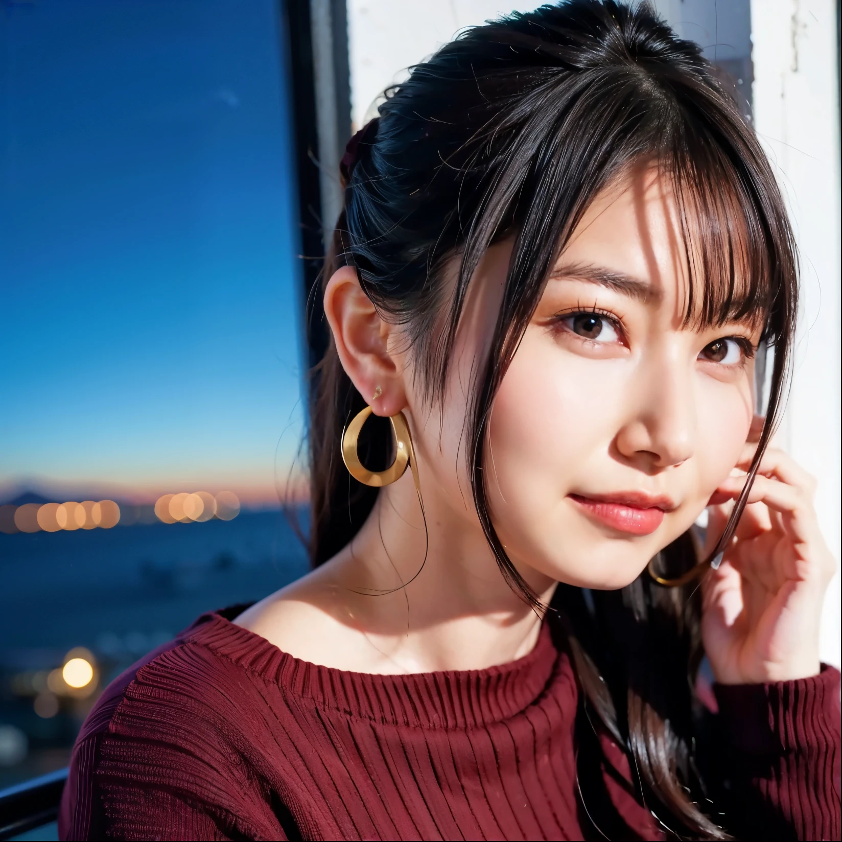    （1 person，solo）（ ponytail 1 :5）（Lola：Amamiya Sky）（earrings)（brown hair）（brown sweater 1:2）（Night Ocean 1:2）（large breasts 1:2）（Pinclip）（）（）（）