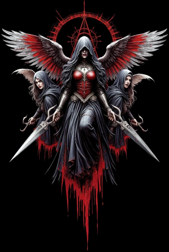 Warrior nuns, 3girls, white nun outfit, revealing outfit, thigh-high stockings, garter belt, gothic ta, detailed beautiful face, majestic angel wings (best quality,4k,8k,highres,masterpiece:1.2),ultra-detailed,(realistic,photorealistic,photo-realistic:1.37),HDR,UHD,studio lighting,ultra-fine painting,sharp focus,physically-based rendering,extreme detail description,professional,vivid colors,bokeh,dark fantasy,chiaroscuro lighting,dramatic lighting,cinematic lighting,moody lighting,dramatic pose,intense gaze,detailed facial features,full body shot,high heels,ornate cross necklace,rosary beads, holy sword, holy ax