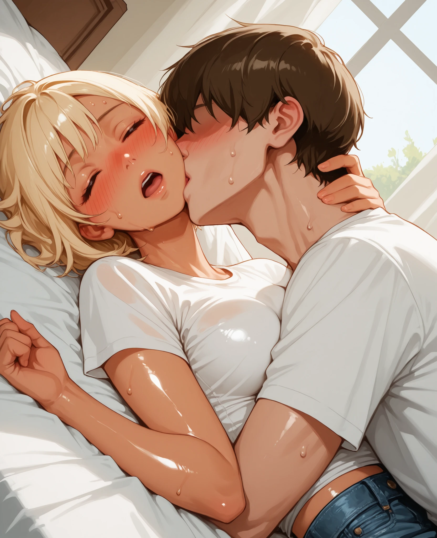 score_9, score_8_up, score_7_up, 1woman, solo, hair, closed eyes, white milky porcelain skin, white-skinned female, short blonde hair in a bob, lovely medium breasts, perfect body, white t shirt, denim miniskirt, sweat, female organism, open mouth, looking at viewer, head tilt, nose blush, blush, indoor, bed room, day time, shiny skin, against bed, lying down , upper body, 1woman, 1boy (faceless, face on girl's face,
intense kiss, deep kiss, kiss ), hug. Dutch angle.