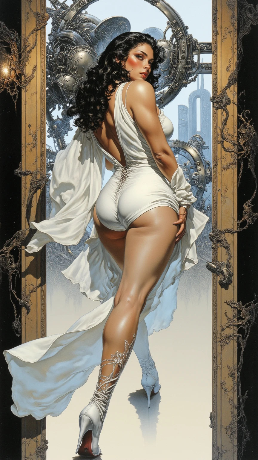 ((ultra realistic illustration:1.3)),(back view),(Graceful:1.4),Gorgeous 23 yo Italian woman, dark hair, brown eyes, (tan).(short), slender,(Tiny breasts), Jacket, dress, high heels. Haute couture.Masterpiece, (highly detailed:1.2),(detailed face and eyes:1.2), 8k wallpaper, Moody lighting. core shadows, high contrast, bokeh.