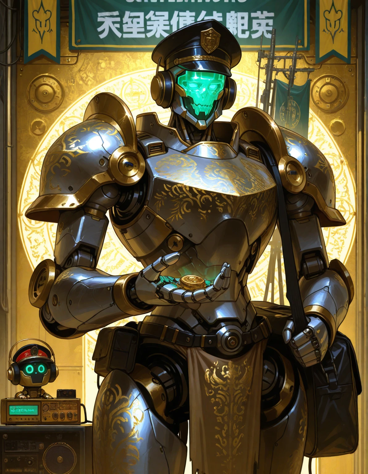 (  An  [ stunning | astonishing | exquisite ]
(  (    [  Alphonse Mucha's  | Anders zorn's   ]   )
[ tarot | MTFG ]
[ card | banner ]  )  )
with the ( full body )  portrait
of an  ( ( [ ominous | gloomy ] ) but beautiful ( ( African )  warforged ) character  )
full of ( sacred geometry ( circuit ) patterns )
( ( on  top of  a pedestal )
while posing in the middle of the  composition )
with [ ( dynamic ( symmetry ) ) | golden ratio ]
, ( An ( [ afropunk |  afrofuturism ] ) masterpiece ) 
in ccdsf artstyle by Victo Ngai
, ( shiny edge ( reflections ) ) and ( detailed ( ambient occlusion ) )