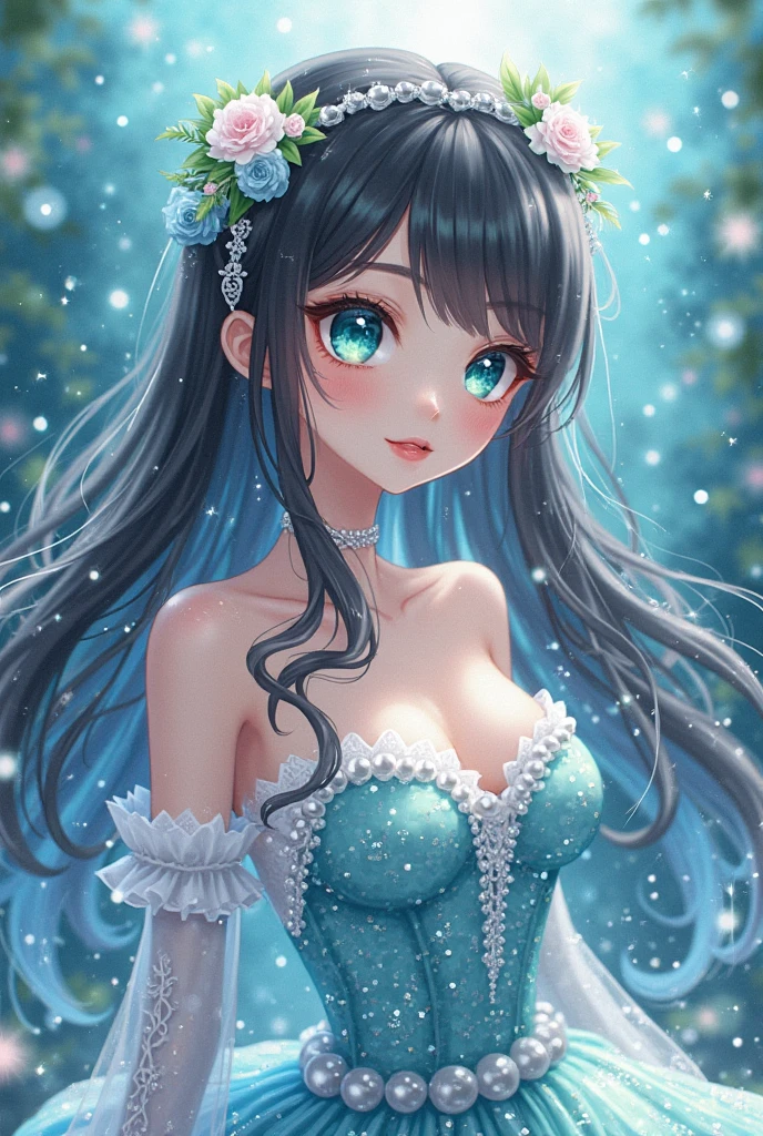 A ice elf (lovely woman, pale blue skin, deep blue hair and eyes, sheer reflective evening dress) acting alluring in a winter wonder land