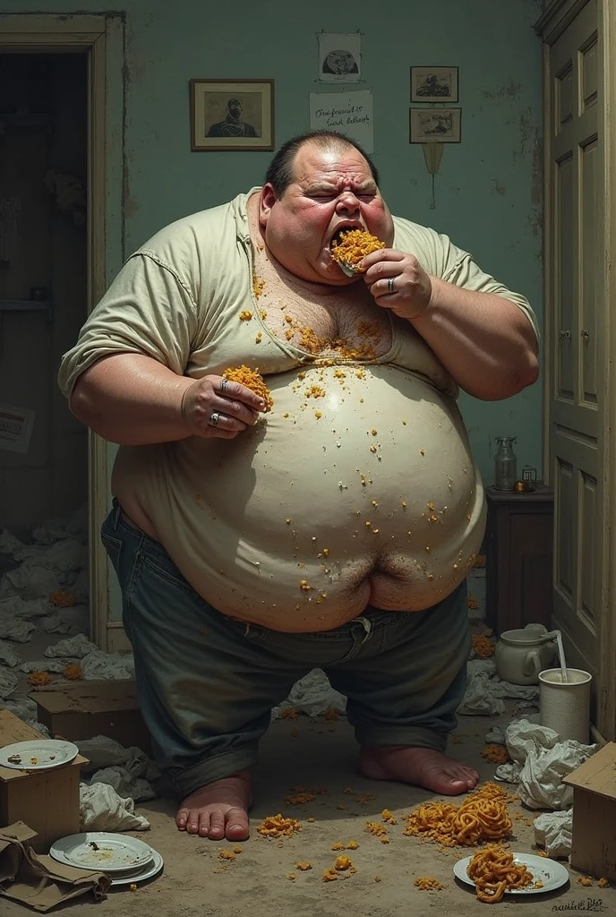 Make a 40 year old morbidly obese man who has his hands full of cheetos who is all greasy who plays league pd legends who has a black neck who has his room full of anime posters who is called chok But who is playing ay that is also full of pizza boxes his room And that his room is full of socks and dirty clothes and that his room is dirty that he is shirtless