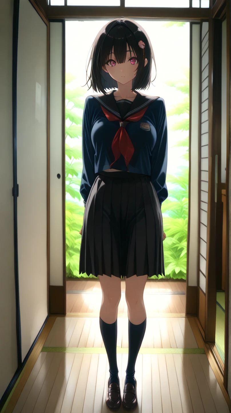 nsfw,(masterpiece:1.3), (absurdes:1.3), (Highest quality:1.3), (Very detailed:1.3),(Best Shadow:0.7),absurdres, wallpaper, extremely detailed, (Processed Hair), Perfect Anatomy,masterpiece, absurdres, highres, full body, Beautiful detailed girl, 13 years old, (bob hair:1.3), parted bangs, detailed black hair, Delicate facerain, small Breasts, thighhighs,
JK,half undress,ruby red eyes,panties,bra, One girl,school uniform,bow,(high socks:1.3),,