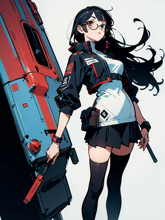(((A young woman))), (((solo))), (((blue eyes))), (((bangs))), (((seductive look))), (((with glasses and white long-sleeved shirt))), (((wearing a tight white mini skirt))), long hair, (((straight hair))), (((jet black hair))), medium breasts, thick thighs, (((girdle league))), (((posing for a photo))), (((White background))), (((simple background)))