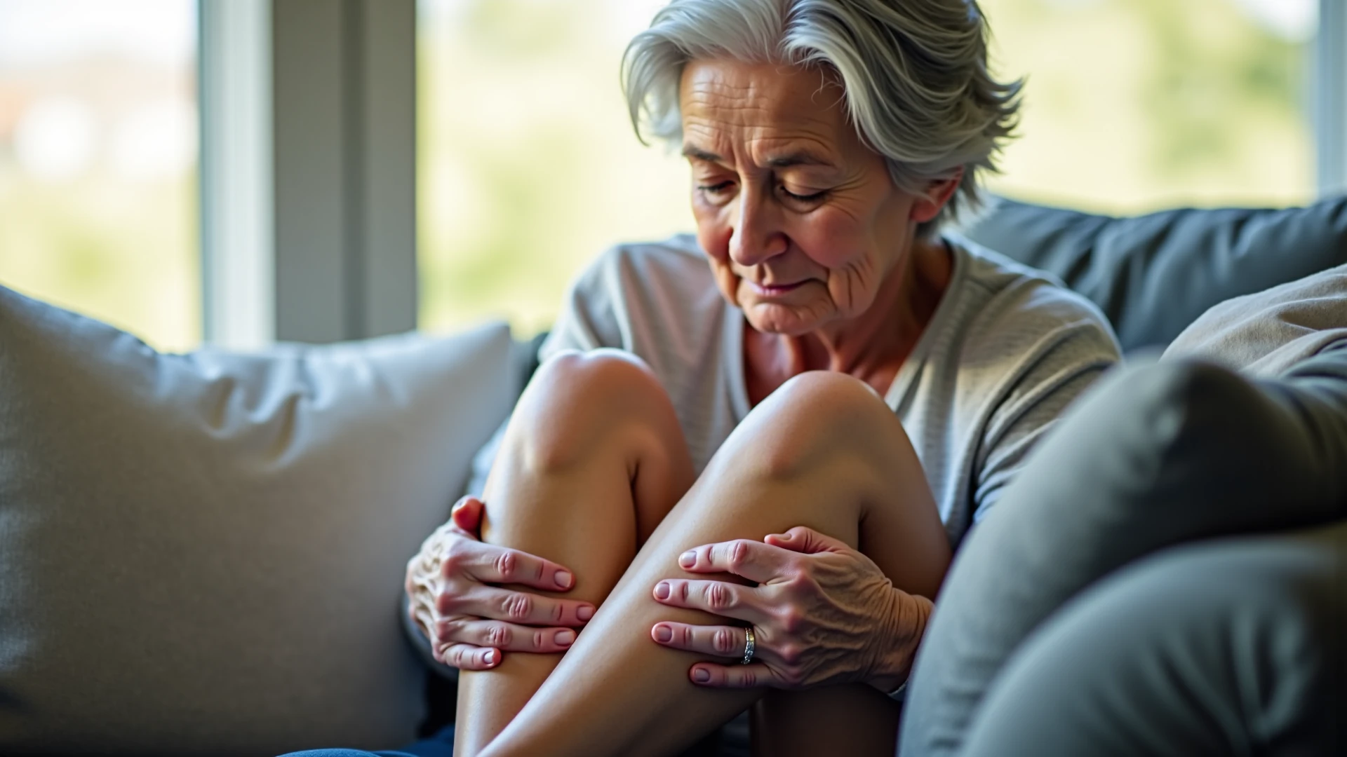 old woman touching her knee above the bed, she has a sad face and she has pain in their knee